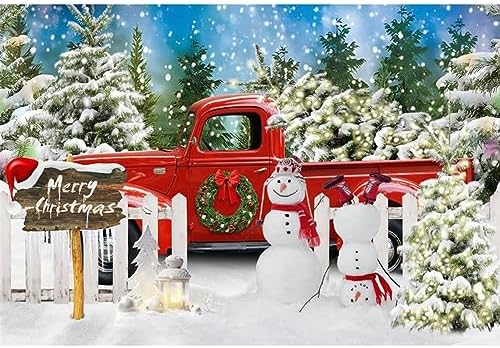 Winter Christmas Snowman Red Truck Backdrop 7x5ft Merry Christmas Winter Forest Photography Background Xmas Theme Party Decorations Studio Photo Booth Props