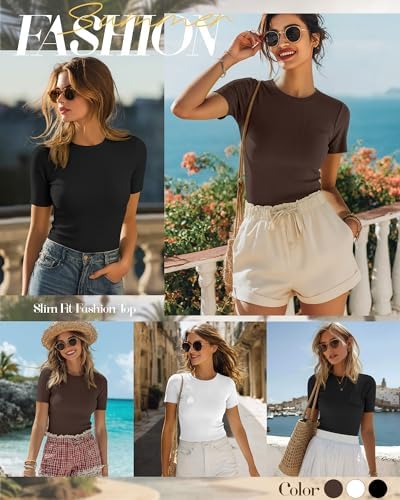Ficerd 3 Pack Women's Ribbed Short Sleeve T-Shirts