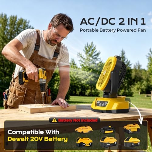 Battery Operated Fan for Dewalt 20V Max battery, Camping Fan with USB A/C & LED Lights, 4 Speeds & Remote Control, Portable/Cordless/Battery Powered fan, for Outside, Jobsite (Battery Not Included)