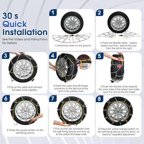 Auto-Fixing Snow Chains, 30s Quick Fit Easy Installation Tire-Chains, Portable Reusable High Carbon Steel Anti Slip Tire Chain for Passenger Car, Pickup Trucks and SUV - Set of 2