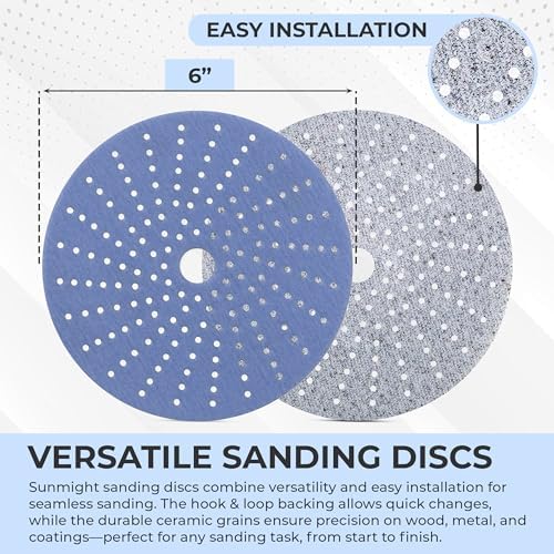Sunmight Ceramic Film Multi-Hole Grip Discs – 400 Grit 6 Inch Sanding Discs Hook and Loop – High Dust Extraction, Fast Cutting & Durable – Polyester Film Backing for Automotive, Marine, Wood & Metal