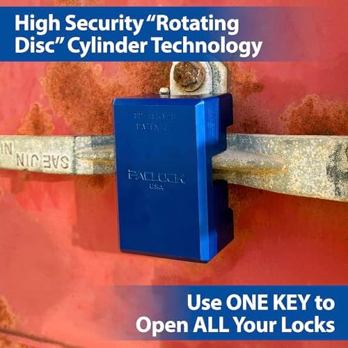 PACLOCK's 82-Series Patented Container Lock, High Security Rotating Disc, Exclusive Key Number, Keyed Different, Blue, Anodized Aluminum, 1, for Ribbed-Handles on Container Doors
