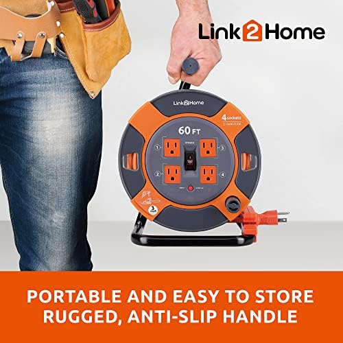 Link2Home 60 Ft. Extension Cord Reel, 4 Power Outlets, 14 AWG SJTW