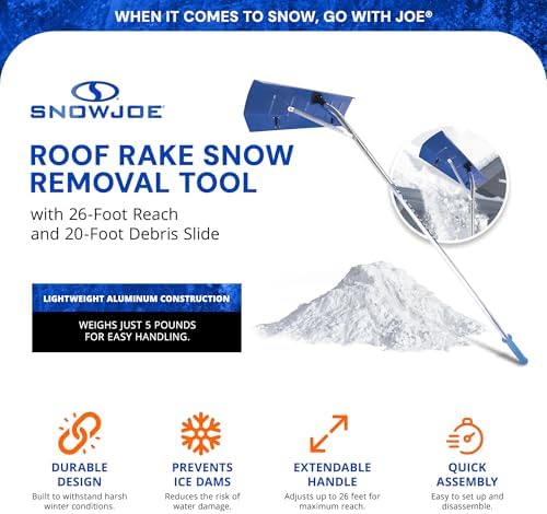 Snow Joe Roof Rake and Snow Removal Tool with 26-Foot Reach and 20-Foot Debris Slide - Ice Remover and Winter Season Accessory for Home, Building, and Garage, RJ207M