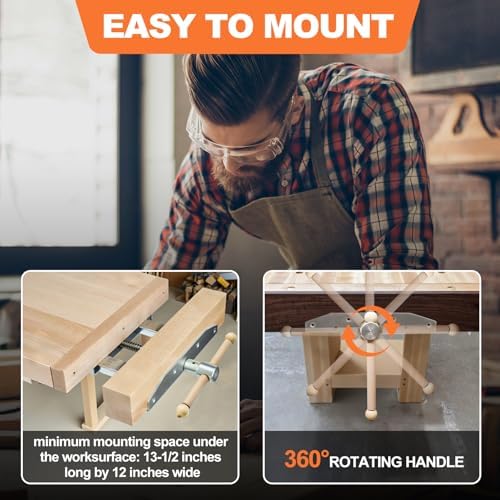 Adjustable Woodworking Vise 33302 for Custom Benchtops, Suitable for Workbenches up to 23" Thickness, Vise with Wooden Handle, Avoid Racking