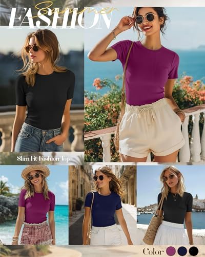 Ficerd 3 Pack Women's Ribbed Short Sleeve T-Shirts