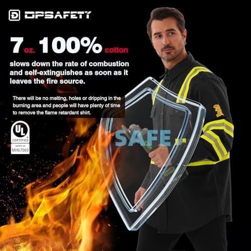 FR Shirts for Men 7oz Hi Vis Fire Resistant Shirts CAT2 Welding Shirt 100% Cotton High Visibility Flame Resistant Shirt Black(Large)