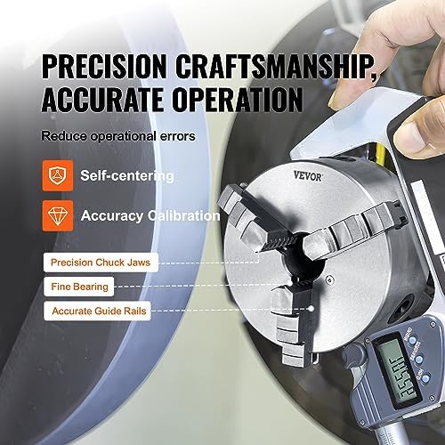 VEVOR 3-Jaw Lathe Chuck, 6'' Self-Centering Lathe Chuck, 0.14-6.3 in/3.5-160 mm Clamping Range with T-key Fixing Screws Reversible Jaws, for Lathe 3D Printer Machining Center Milling Drilling Machine
