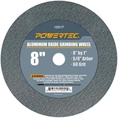 POWERTEC Bench Grinder Wheel 8 Inch 60 Grit, Aluminum Oxide Grinding Wheel for Bench Pedestal Grinder, 1" Thick 5/8" Arbor, Sharpening & Shaping Drill Bits, Blade, and Chisel 1PK (15517)