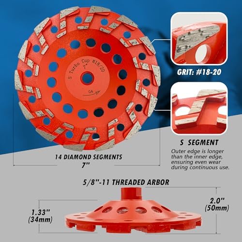 7" Diamond Grind Wheel 14 S Seg Concrete & Coating 5/8"-11 Threaded Arbor