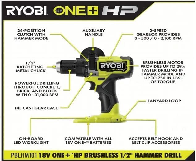 RYOBI ONE+ HP 18V Brushless Cordless 1/2 in. Hammer Drill Kit with (2) 2.0 Ah Batteries, Charger, and Bag (PBLHM101K2)