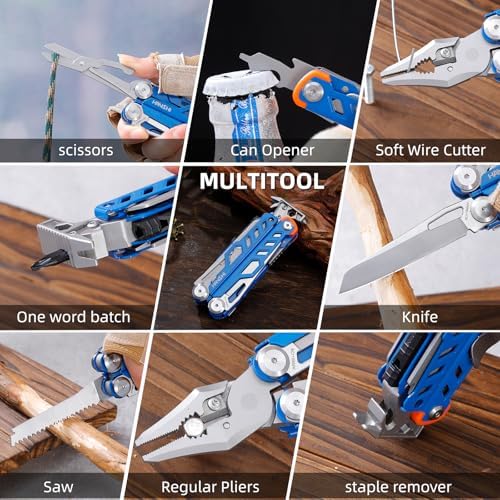 HANSHI Multitool Pliers, 22-in-1 YG10 Tungsten Steel Multi Tool with Scissors,Replaceable Wire Cutters, Flint, Window Breaker, Back Clip,Ideal for Camping, Survival and Gift(Blue)