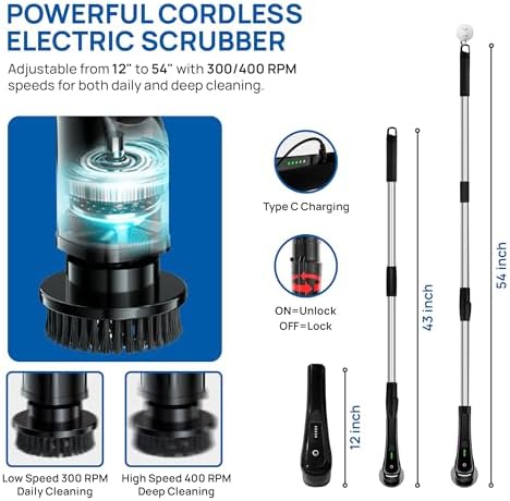 2025 Upgraded Electric Spin Scrubber – Shower Scrubber with Long Handle, Cordless Electric Cleaning Brush, 400 RPM Dual-Speed, IPX5 Waterproof, 90-Min Runtime, 8 Brush Heads for Powerful Cleaning