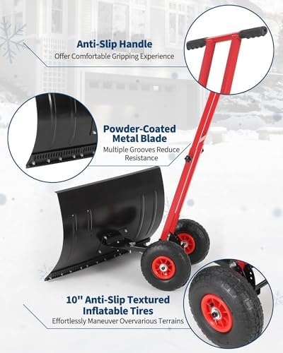 Snow Shovel with Wheels for Driveway, 29" W X 19.8" H Heavy Duty Double Rod