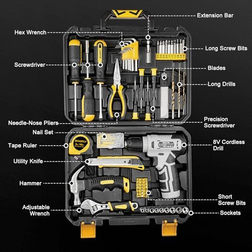 157-Piece Tool Set, 8V Cordless Drill Set, Hand Tool Kit for Men and Women