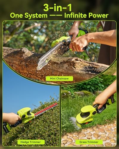 Supstable 3-in-1 Cordless Mini Chainsaw & Hedge Trimmer Combo, 8 Inch Mini Chainsaw with Grass Shear, 800W Brushless Motor, 2×4000mAh Batteries, Garden Tool Set for Tree Trimming & Lawn Care