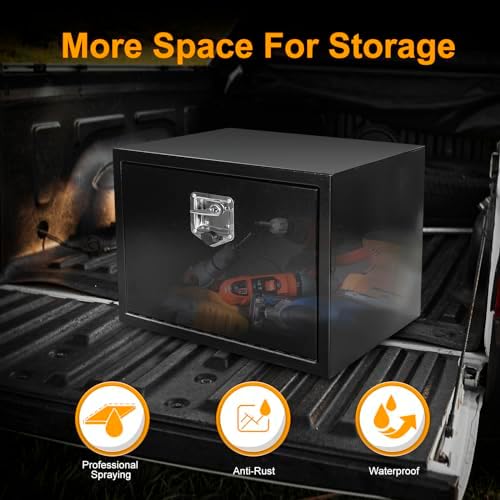 24 Inch Underbody Truck Box Steel Storage Tool Box,24 x 14 x 16 Tool Chest Organizer w/Lock and Keys For Pickup,Truck Bed, RV, Trailer,Heavy Duty Waterproof Black box