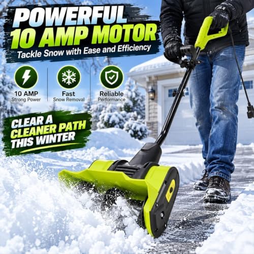 10 Amp Electric Snow Shovel, 12-Inch Corded Snow Thrower with Adjustable Handle, Dual-Blade Auger & 19 FT Throwing Distance, Lightweight Snow Blower for Driveways, Sidewalks & Patios, Black/Green