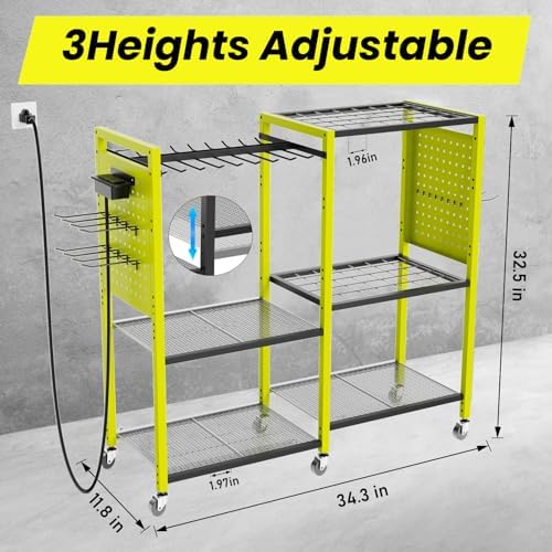 Heavy-Duty Power Tools Organizer Cart with Charging Power Strip, 6-Tier Rolling Utility Cart with 8 Hooks and 6 Load-Bearing Wheels, Garage Tool Storage Rack for Workshop for Men