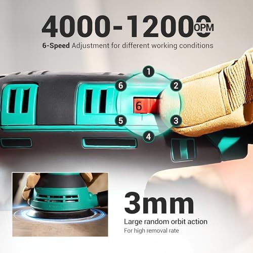 DCA Random Orbital Sander, 3.0 AMP Corded Palm Sander, 6 Speeds Max 12,000 OPM, 5-Inch with 10 pcs Sandpapers, Dust Bag, Low Vibration for Woodworking, Decoration Furniture (ASA125)
