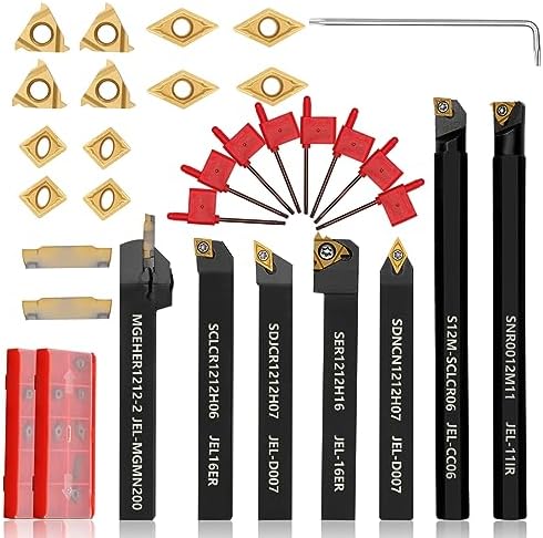 Indexable Lathe Turning Tool 21Pcs Kit 1/2'' 12mm Shank 7 Pcs Metal Lathe Tool Holder Set with 14 Pcs Turning Inserts for Turning Grooving Threading Boring Carbide Inserts Carbide Turning Tool