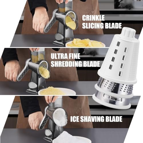 KEOUKE Rotary Cheese Grater Pro 6 in 1 - Shredder Crinkle Slicer Grinder Ice Shaver, Stable Suction, Time-saving Easy Use & Clean, Safe Morden Kitchen Tool for Cheese, Vegetable, Nuts, Chocolate
