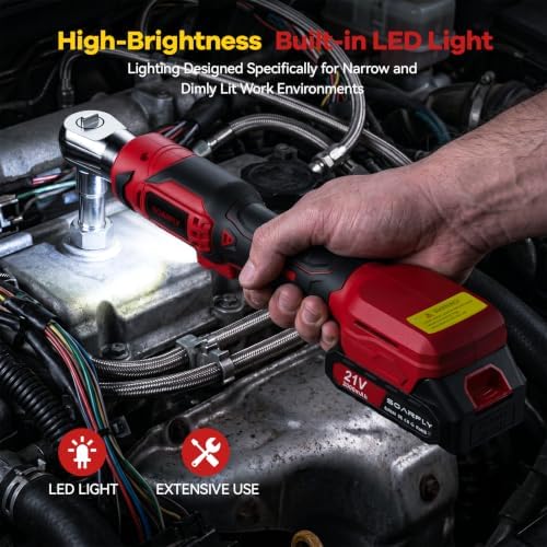 SOARFLY 3/8" Cordless Ratchet Wrench, Power Ratchet Tool Set, 60 Ft-Lbs(80N.m) Electric Ratchet Wrench with 2 * 2000mAh Lithium Batteries, 7 Sockets, LED Light, 1/4" Adapter, 3" Extension Bar