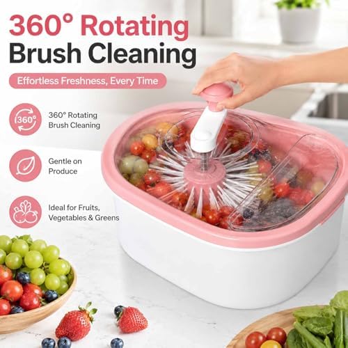 Manual Fruit Vegetable Cleaner Spinner, Large Washing Bowl with Brush & Drain Basket, Portable Hand Crank Cleaning Gadget for Berry Greens Herb Household Kitchen Food Washing Tool