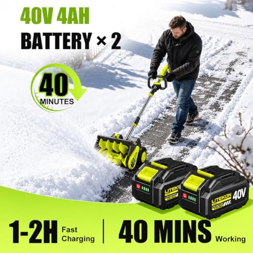 Litekon 40V Brushless Cordless Snow Shovel, 17-Inch Electric Snow Blower with 2X 4.0Ah Batteries Snow Removal with 30FT Throw Distance for Patio, Deck, Driveway,Green