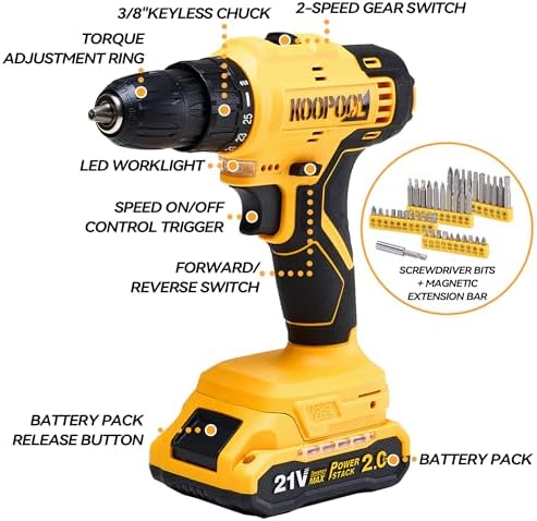 Tool Kit Box Drill Set with 21V Cordless Drill, Tool Box with Drill, Hand Drill Set for Men, Power Tool Combo for Home Repair, DIY, Handyman