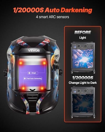 VEVOR Welding Helmet Auto Darkening, 3.94" x 3.15" True Color Welding Hood, 1/1/1/1 Solar-Powered Welder Mask 4 Arc Sensors, Wide Shade 4/5-9/9-13 for TIG MIG ARC Weld Grinding Cutting - METIS Series