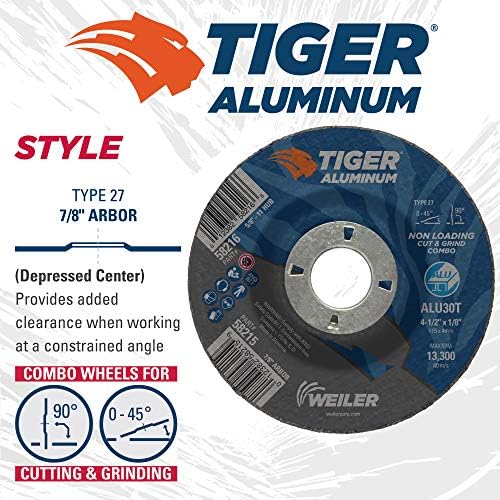 Weiler 58215 4-1/2 x 1/8 Tiger Aluminum Type 27 Cut Off/Grind Combo Wheel ALU30T 7/8 A.H. (Pack of 25)