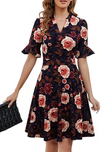 Mokayee Womens Summer V Neck Ruffle Short Sleeve Fit and Flare Knee Length Church Wedding Guest Dresses with Pockets