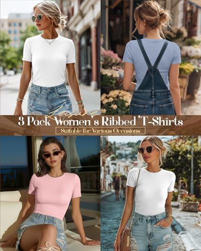 Ficerd 3 Pack Women's Ribbed Short Sleeve T-Shirts