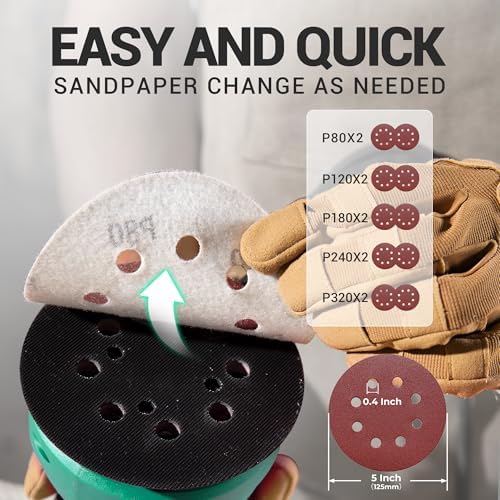 DCA Random Orbital Sander, 3.0 AMP Corded Palm Sander, 6 Speeds Max 12,000 OPM, 5-Inch with 10 pcs Sandpapers, Dust Bag, Low Vibration for Woodworking, Decoration Furniture (ASA125)