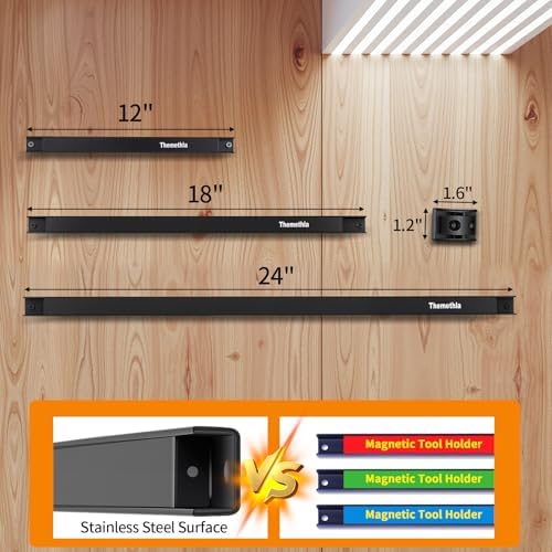 18" Magnetic Tool Holder Strip, 6 Pieces Black Metal Tool Organizer Rack with Stainless Steel Surface, Magnet Bar for Garage Workshop, Easy To Install with Mounting Screws