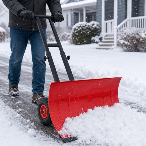 29" Snow Shovel with Wheels, Heavy Duty Metal Snow Pusher with Adjustable Handle & 5 Position Angled Blade, Ergonomic Wheeled Snow Plow for Driveway Sidewalk Yard Snow Removal