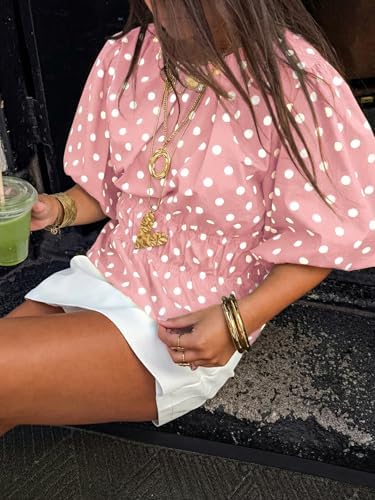 Cicy Bell Women Polka Dot Peplum Blouse Round Neck Puff Sleeve Summer Top