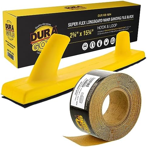 Dura-Gold Pro Series Super Flex Longboard Hand Sanding File Block with Both Hook & Loop Backing and PSA Backing Conversion Adapter Pad with 80 Grit Gold PSA Longboard Sandpaper