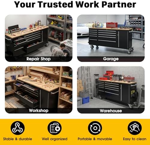 72" Rolling Tool Chest, Heavy-Duty Tool Box with Power Outlet, Tool Cabinet with 10 Drawers, Rubber Wood Workbench with Key Locking System Drawer Liners for Garage Warehouse Repair Shop