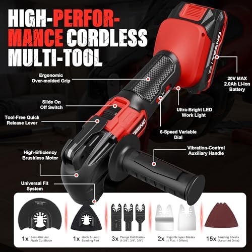TEENO 20V Cordless Oscillating Tool with 2 Batteries, 4° Oscillation Angle Oscillating Saw, 6 Variable Speeds with Quick-Lock Change System, 26PCS Multitool Blades & Carrying Bag for DIY Projects