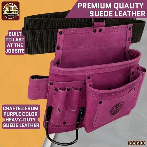 Graintex 5 Pocket Suede Leather Tool Belt/Bag, Multipurpose Leather Tool Belt for Women and Men, Ideal for Construction, Electrician, Handymen, Carpenter, Gardening Pouch & DIY Projects