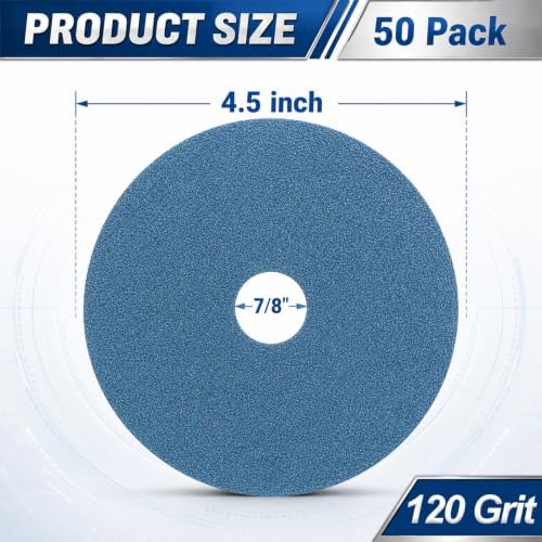 50 Pack Zirconia Resin Fiber Sanding Grinding Discs, 4.5" x 7/8” 120 Grit