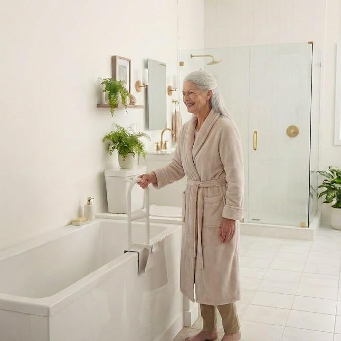 Bathtub Safety Rail Grab Bar – Tool-Free Clamp-On Tub Rail for Seniors & Mobility Support, No Assembly Required, Adjustable 3”–7” Fit, Steel Rust-Resistant, White