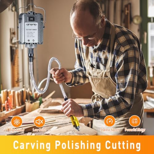 1200W 30000RPM Rotary Tool with Flex Shaft, Electric Flex Shaft Rotary Tool, Flex Shaft Grinder Foot Pedal Control Electric Hanging Carver, Wall Mount, Metal Flexible Shaft with Polishing Accessories