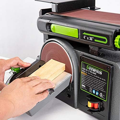 Genesis GBDS430 Benchtop Belt & Disc Sander | 4 × 36-Inch Tilting Sanding Belt | 6-Inch Sanding Disc | 4.3A Induction Motor | Cast-Aluminum Tilting Table | Miter Gauge