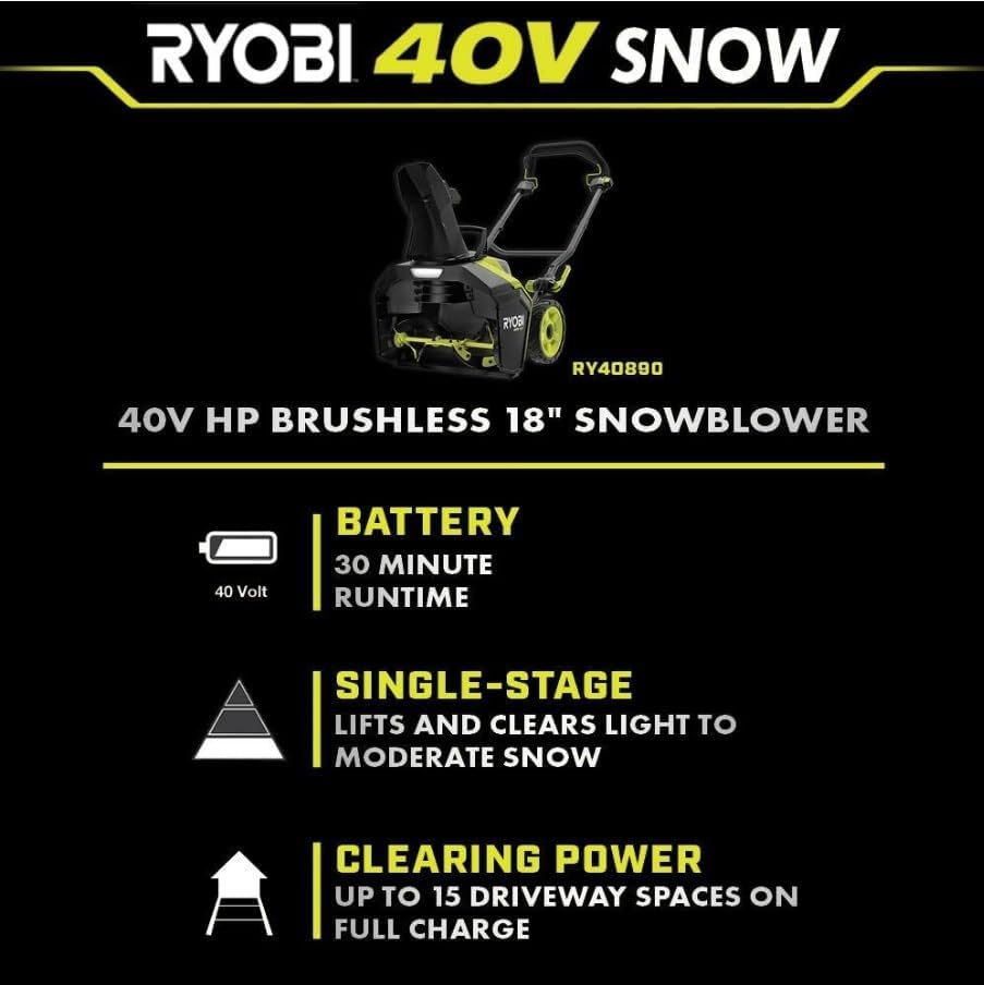 RYOBI RY40809BLTVNM 40V HP Brushless 18 in. Single-Stage Cordless Electric Snow Blower (Tool-Only)