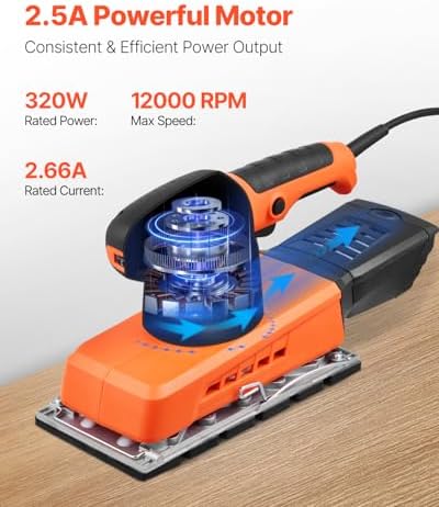 VEVOR Sheet Sander, 1/2 Sheet 2.5A Electric Sander for Woodworking, Max. 12000RPM Variable Speed Sheet Finishing Sander with Sandpaper and Dust Box for Wood Polishing Sanding