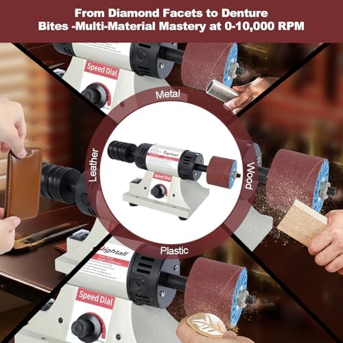 Leather Burnishing Machine, 1750-8500 RPM Variable Speed, 350W Electric Polishing Tool with Sanding Drum and Rosewood Grinding Head,12 Pcs Sanding Sleeves (80/120/240 Grit) & Mahogany Polishing Wheel