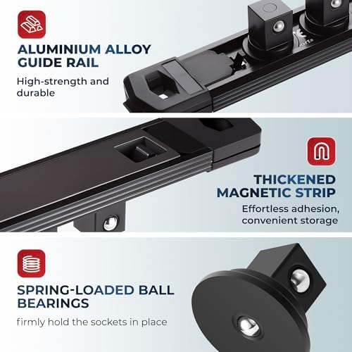 Reniteco Magnetic Socket Organizer Set, 3-Pack 3/8” Socket Rails | 42 Clips, Heavy-Duty Aluminum Alloy Rails, Removable 360° Swivel ABS Clips, Magnetic Base, Tool Box Drawer or Wall Mount